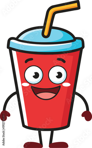 A cheerful soda cup cartoon mascot with a straw and playful expression, isolated on white, great for beverage advertising and refreshment themes.