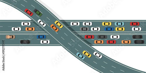 Traffic Jam Vector Illustration Curved Highway Interchange with Colorful Cars