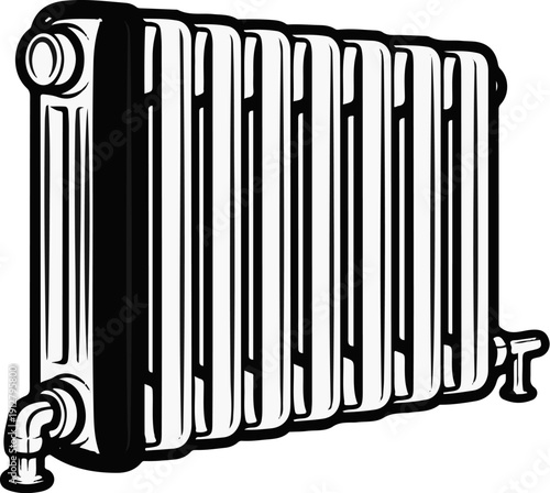 A stylized illustration of a vintage cast iron radiator with pipes