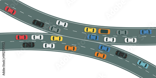 Traffic Jam Vector Illustration Curved Highway Interchange with Colorful Cars