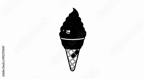 A stylized black and white illustration of a soft serve ice cream cone