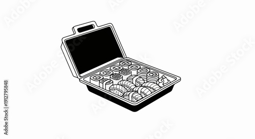 An open black container filled with various types of sushi rolls and nigiri