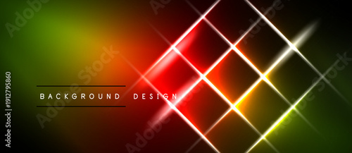 Vibrant neon gradient background. Geometric lines create glowing squares, red, yellow, green hues dominate design. Dark borders frame image.