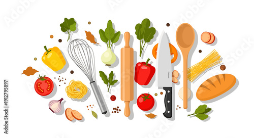 Culinary tools and ingredients for cooking a meal, featuring fresh produce and kitchen essentials for gourmet preparation