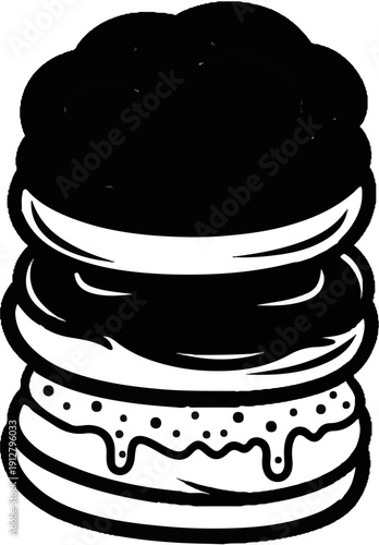A stylized black and white illustration of a three-tiered dessert with dark filling