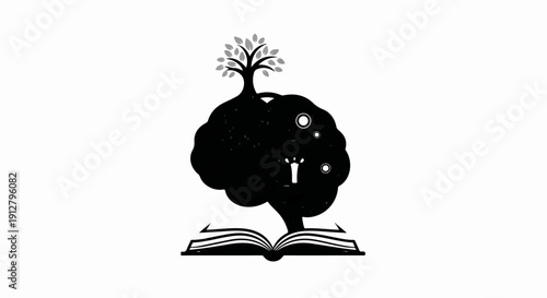 An open book forms the base for a black brain with a tree growing from its top