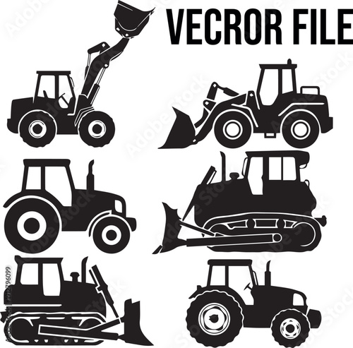 Set of construction machines and heavy equipment including tractor, truck, bulldozer, excavator and forklift in vector illustration.