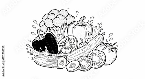 A variety of fresh, sliced vegetables and water splashes in a black and white illustration