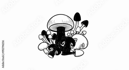A variety of hand-drawn mushrooms in black and white, some whole, some sliced