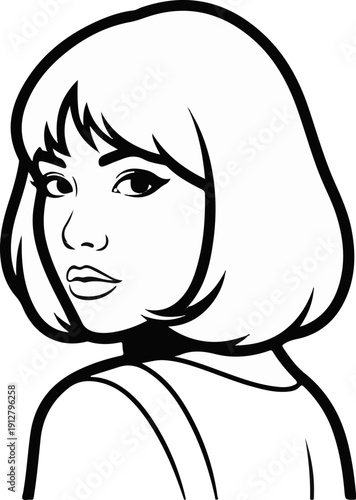 A stylized black and white illustration of a young woman's face and shoulders