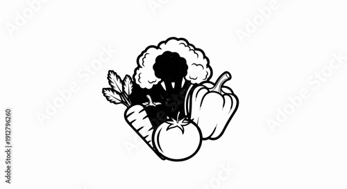A stylized black and white illustration of fresh vegetables a carrot, bell pepper, tomato, and broccoli