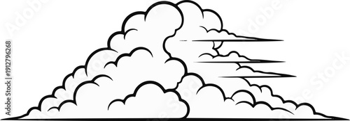 A stylized black and white illustration of layered clouds forming a textured horizon