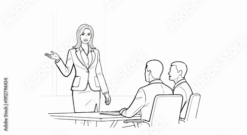 A woman in a suit presents to two men seated at a table