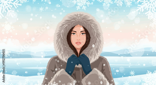 A woman in a fur-lined hooded coat stands against a snowy, icy landscape