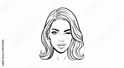 A stylized black and white line drawing of a woman's face winking