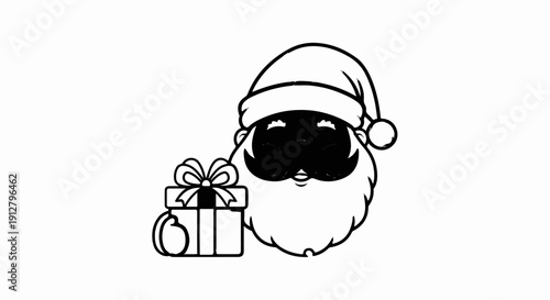 A stylized black and white line drawing of Santa's face with a gift