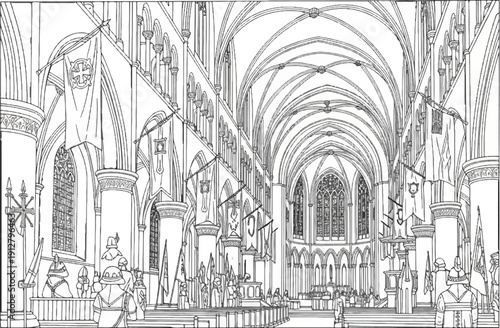 An ornate cathedral interior with flags, banners, and figures in processional