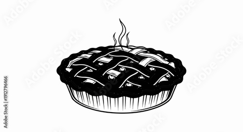 A steaming, black and white illustration of a lattice-top pie