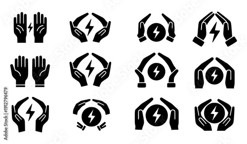 Save energy icon set vector hands holding lightning bolt black glyph isolated on transparent background