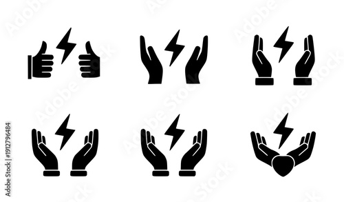 Energy saving hands and lightning bolt icons set black filled glyph isolated on transparent background