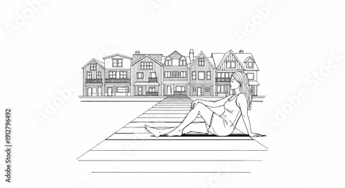 A woman relaxes on a boardwalk with houses in the background