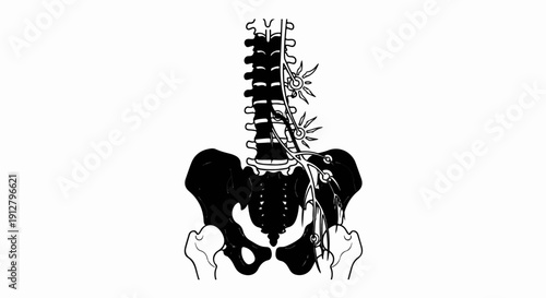 Anatomical illustration of the human spine and pelvic nerves