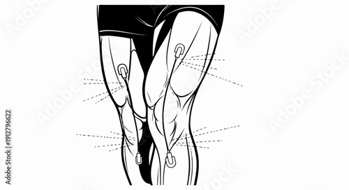 Anatomical illustration shows electrodes attached to human leg muscles