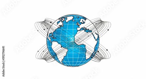 Abstracted blue globe with a network of orbiting lines and dots