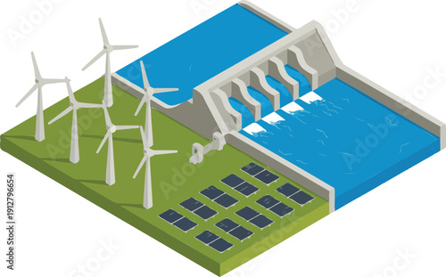 Renewable Energy Vector Illustration Hydroelectric, Wind, and Solar Power