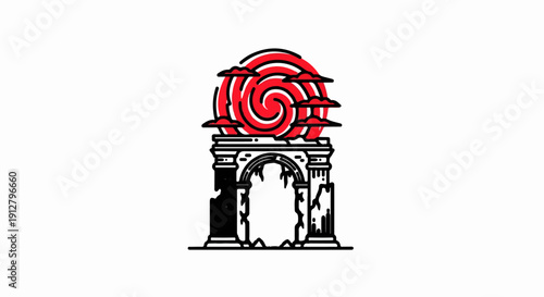 Ancient archway framing a red spiral portal with cloudy skies