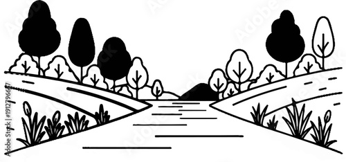 A stylized black and white scene of a winding river leading through trees and hills