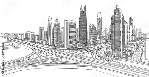 A stylized sketch of a modern city skyline with complex highway overpasses
