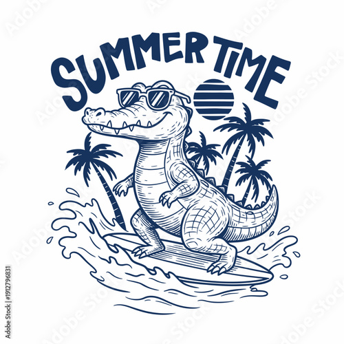 Canvas Print Cartoon alligator surfing on a surfboard with sunglasses and palm trees in the background