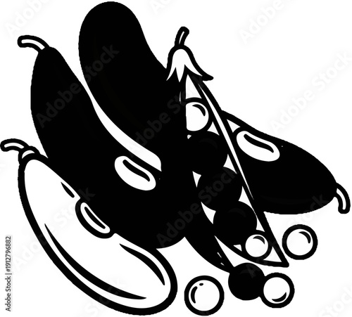 A stylized illustration of assorted beans and peas in pods