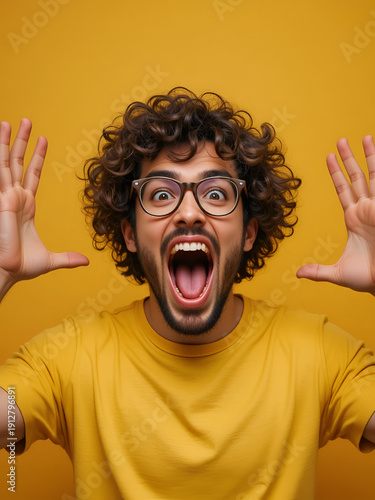 Man with curly hair, glasses shows shock, surprise, joy. Yells with mouth open, hands raised against vibrant yellow backdrop. Wearing plain yellow t-shirt, expression conveys excitement, amazement.