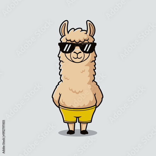 Cool Llama Wearing Sunglasses and Yellow Shorts Cartoon.