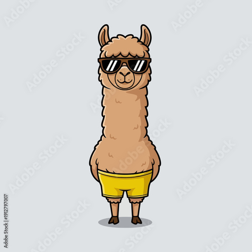Cool Llama Wearing Sunglasses and Yellow Shorts Standing Upright.