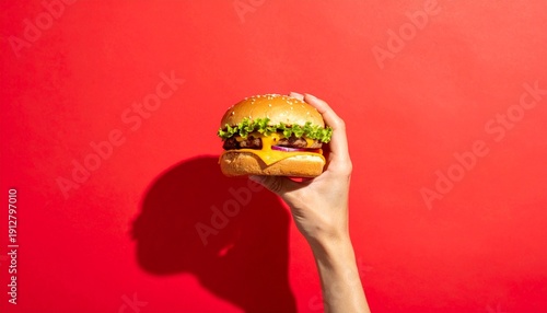 A hand holding a juicy burger.