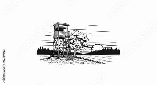 A wooden hunting blind stands tall amidst a grassy field with a large tree