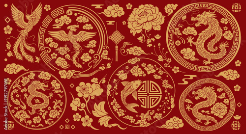 Golden Chinese Zodiac Symbols and Traditional Motifs on Red Background