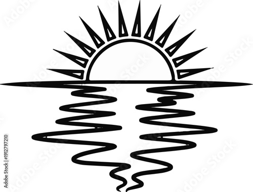 A stylized sun with sharp rays emerges from a horizontal line reflecting on wavy water