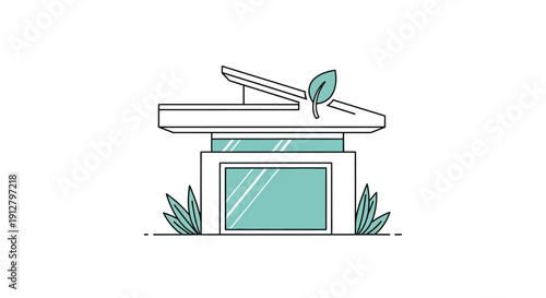 Eco-friendly kiosk with green leaf and plants, modern design, sustainable concept