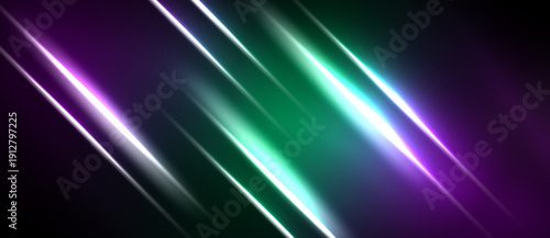 Abstract lines, vibrant purple, green hues create dynamic light effect. Dark background emphasizes bright streaks. Modern design.