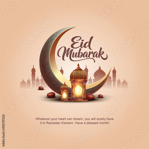 Happy Eid mubarak and Ramadan Kareem art greetings with mosque background. abstract vector illustration design.