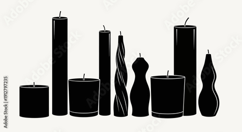 Silhouette Collection of Various Black Candles on a Light Background