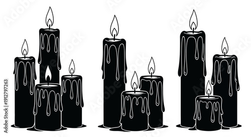 Set of Black Candles with Dripping Wax, Halloween and Gothic Atmosphere
