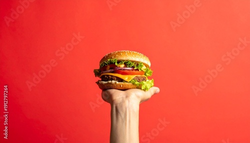 A hand holding a large burger.