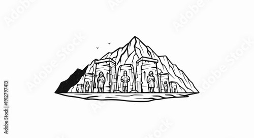 Ancient figures stand before colossal stone structures against a mountain backdrop