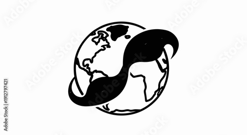 Black abstract swirl encircles a simplified outline of the Earth
