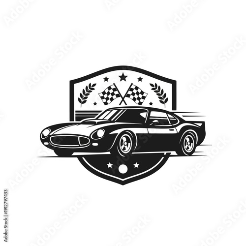 Detailed vintage racing shield with a classic car, stars, and checkered flags. Premium black and white automotive emblem for heritage brands.